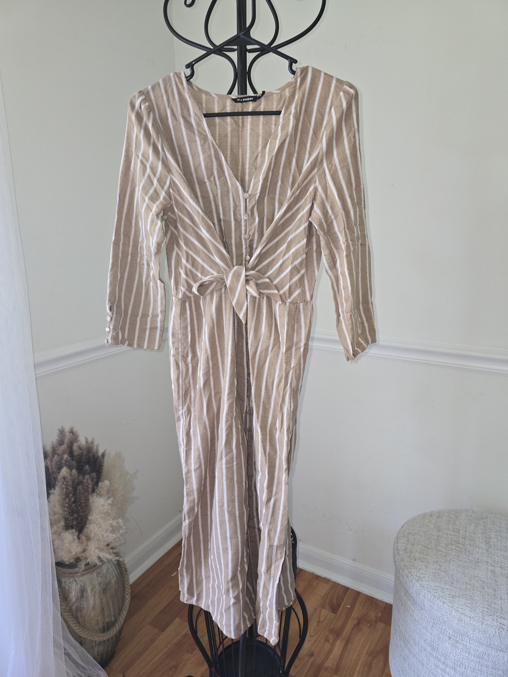 Blu Pepper Beige and White Striped Tie-Front Long Sleeve Dress